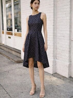 Shoshanna Navy Metallic Polka Dot High-Low Dress